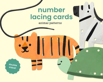 Number Lacing Cards for Kids | Animal Stripes Pattern Lacing Cards Game and Activity | Fine Motor Skill | Printable Lacing Cards and Boards