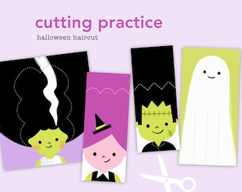 Actividad de práctica de corte de pelo con tijeras para Halloween para niños en edad preescolar, actividad imprimible para practicar con tijeras, actividad de Halloween