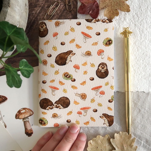 Notebook A6 Hedgehogs in autumn, handmade notebook, recylced paper, animal stationery