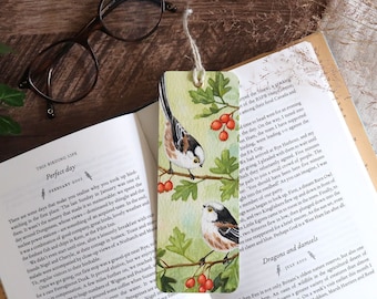 Birds Bookmark, Handmade - Pocket Size - Bird Stationery, Plastic Free, Long-tailed Chickadees