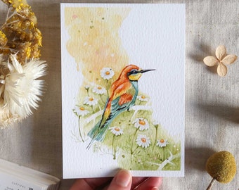 Bird watercolor illustration - European bee-eater with flowers - Poster, card to frame - Nature, colorful, summer decoration