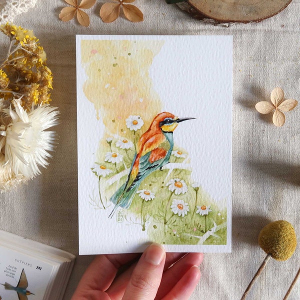 Bird watercolor illustration - European bee-eater with flowers - Poster, card to frame - Nature, colorful, summer decoration