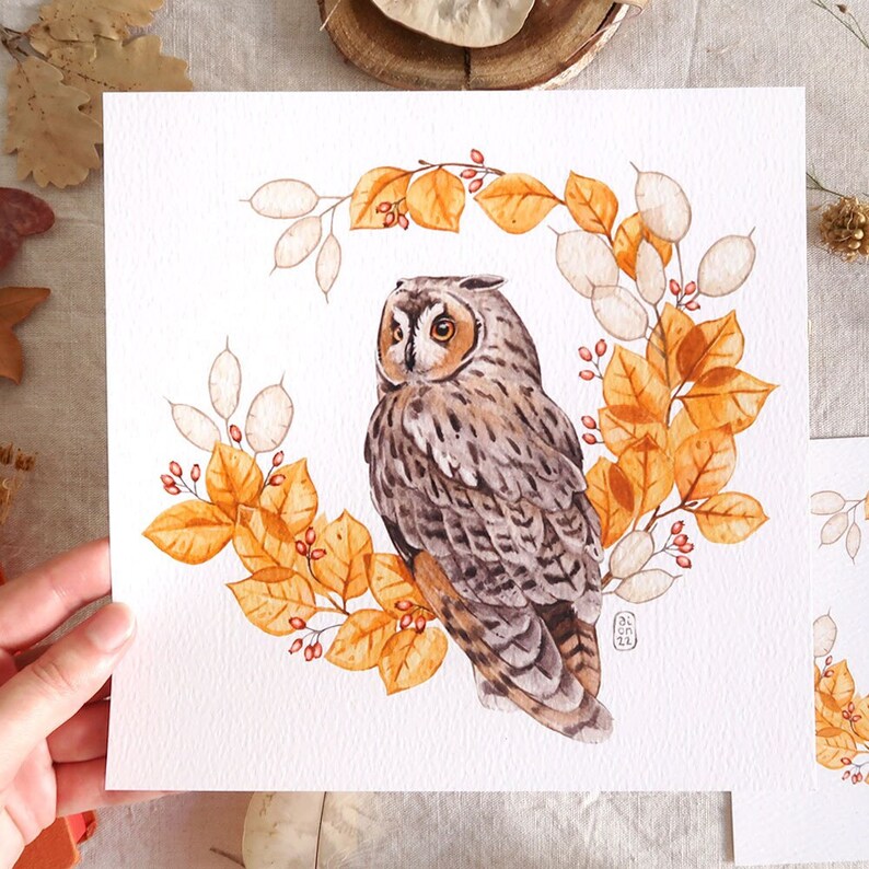 Watercolor illustration Long-eared Owl Print to frame Art print, wall decoration 21 x 21 cm