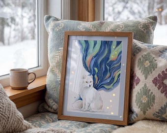 Illustrated poster | Watercolor - Arctic fox and Northern Lights | A6, A5, A4, A3 | Winter decoration | Optional gold foil stamping