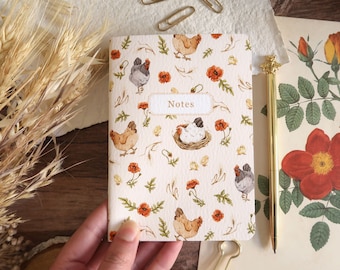 A6 Notizbuch mit Hühnern und Mohnblumen, handgemachtes Notizbuch, Recyclingpapier, Tier-Briefpapier