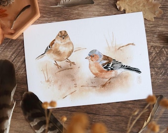 Illustrated poster | Watercolor - Pair of Chaffinches | A6, A5 | Autumn/Winter decoration | Nature gift