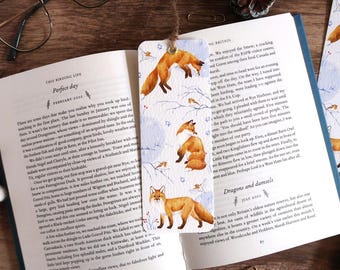 Illustrated bookmark | Red fox and robin, watercolor winter motif, paperback size, handmade