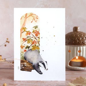 Aquarell-Illustration - Dachs im Herbst - Zum Einrahmen - Kunstdruck, Reproduktion, Dekoration, Wandkunst - Größen A6, A5, A4