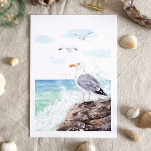 Aquarell-Illustration Möwe - Zum Einrahmen - Kunstdruck, Meeresdekoration, bretonischer Stil, kleines Format