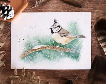 May include: Watercolor painting of a crested bird perched on a branch, set against a backdrop of green foliage. The bird features a crest, with a mix of brown, beige, and white feathers. The artwork is on white paper, with a wooden background.