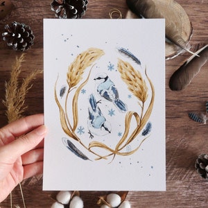 Watercolor illustration of blue tits - To frame - Art print, winter decoration, naturalist, ornithology