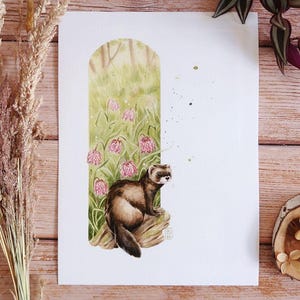 Europäischer Iltis Aquarell Reproduktion - Frühlingstier Illustration - Mustelid Art - A6 A5 A4 Druck