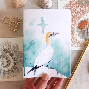 May include: A white notebook featuring a watercolour illustration of a gannet bird with a yellow-tinged head against a teal and white background. The cover includes two small bird silhouettes and a drip effect at the bottom edge of the painted area.