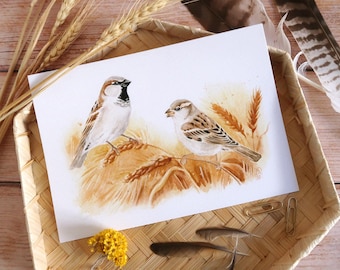 May include: Watercolor painting of two sparrows perched on wheat stalks. The birds have brown, white, and black markings. The artwork is displayed in a woven basket with wheat stalks and feathers.