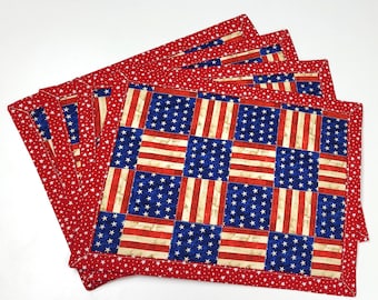 Patriotic Quilted Placemats, Red White Blue American Flag Table Mats, 4th of July Independence Day Decor, Reversible Cotton Placemats