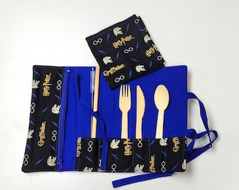 Gryffindor Inspired Bamboo Utensil Roll Set - Reusable Travel Cutlery with Straw, Napkin, and Condiment Pouch