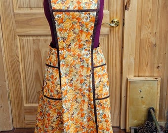 Vintage Style Cotton Apron with Pockets, Retro Kitchen Wear, Made to Order Fall Prints