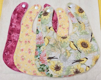 Girl Baby Bibs - Set of 4, Nature Motifs, Cotton Front and Soft Minky Backing, Snap Closure, Baby Gift