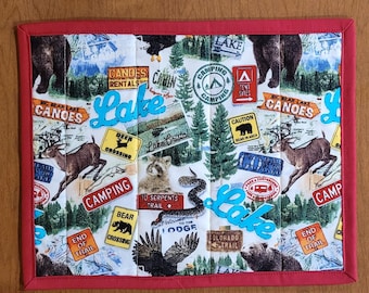 Rustic RV and Cabin Placemats (14x11) – Small Space Reversible Table Mats, Wilderness Animals & Road Trip Prints, Set for Camper Dining
