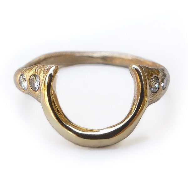 Handmade Solid 14k Yellow Gold Crescent Moon and Diamond Ring