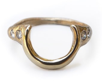 Handmade Solid 14k Yellow Gold Crescent Moon and Diamond Ring