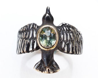 Solid 14k Yellow Gold and Blackened Sterling Silver Green Sapphire Alternative Bird Engagement Ring