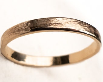Minimalist Gold Wedding Band.  Simple thin wedding ring. 14k yellow gold rustic mens wedding ring.  Rough filed texture.  2mm matte finish.