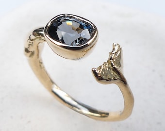 Whale Ring handmade in 14k Solid Gold. Unique sapphire statement ring.
