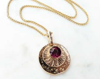 Yellow Gold Bird Necklace, Garnet Birthstone Necklace, Round Pendant, Pink Gemstone, Mumuration, Layering Chain, Starling Jewelry, Moon, Sun