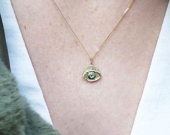 14k Solid Yellow Rose White Gold Necklace, small emerald Minimalist Pendant, Egyptian Style, All Seeing, Evil Eye, unique diamond Xmas gift