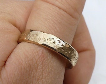 Men’s or Women’s Rustic Gold Wedding Band - Murmuration Ring - Thin Matte 14k Solid Yellow Gold Nature Inspired Bird Ring