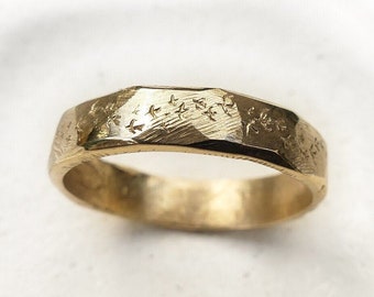 Men’s or Women’s Rustic Gold Wedding Band, Murmuration Ring, Thin Matte 14k Solid Yellow Gold Nature Inspired Bird Ring