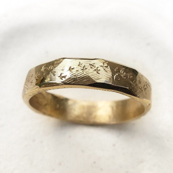 Men’s or Women’s Rustic Gold Wedding Band, Murmuration Ring, Thin Matte 14k Solid Yellow Gold Nature Inspired Bird Ring