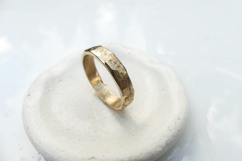 Mens or Womens Rustic Gold Wedding Band, Murmuration Ring, Thin Matte 14k Solid Yellow Gold Nature Inspired Bird Ring image 4