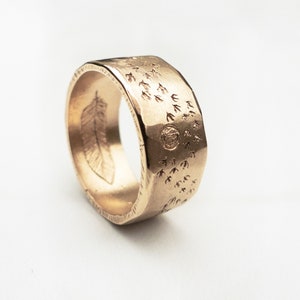 Mens Feather Ring 14k Gold Rustic Wedding Band With Birds image 2
