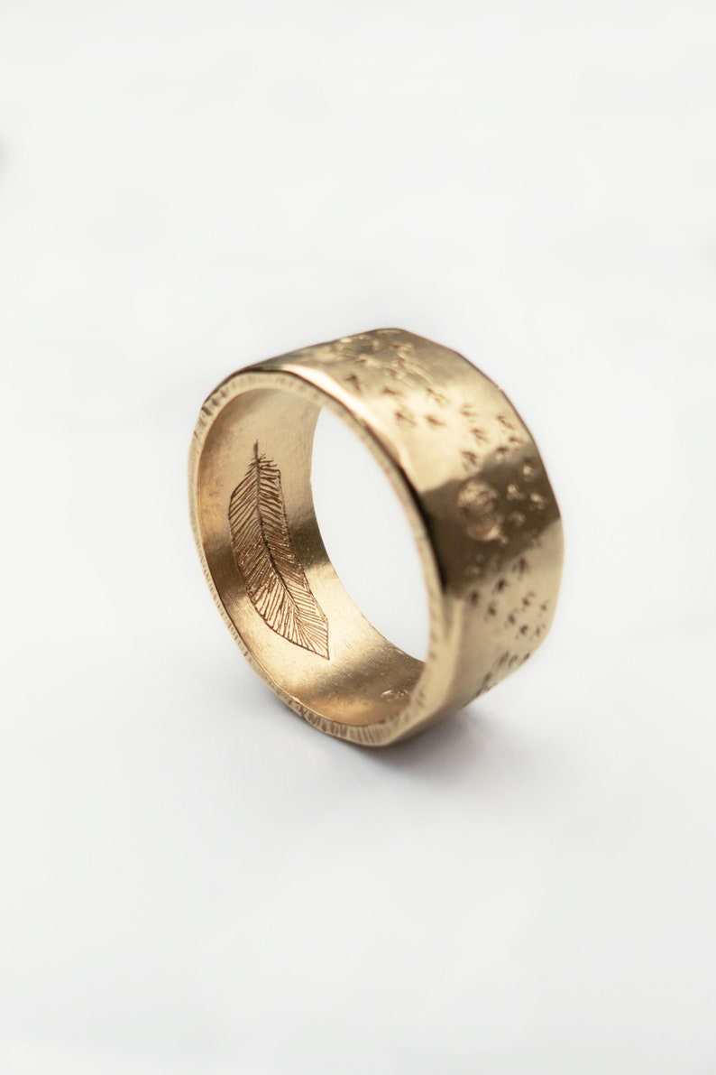 Mens Feather Ring 14k Gold Rustic Wedding Band With Birds image 4