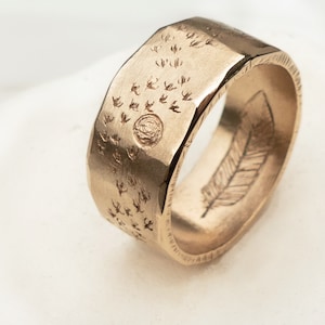 Men’s Feather Ring 14k Gold Rustic Wedding Band With Birds