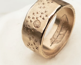 Men’s Feather Ring 14k Gold Rustic Wedding Band With Birds