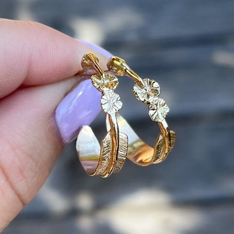 Flower Earrings in Solid Gold with Hummingbird Hoop Design image 2