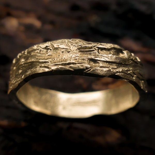 Tree Branch Ring with Bark Texture 14k Gold