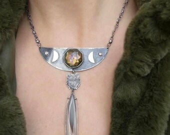 Gothic Necklace, Gold and Silver Statement Necklace with Moon and Wolf