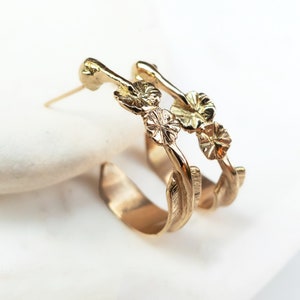 Flower Earrings in Solid Gold with Hummingbird Hoop Design image 1
