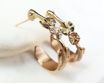 Flower Earrings in Solid Gold with Hummingbird Hoop Design