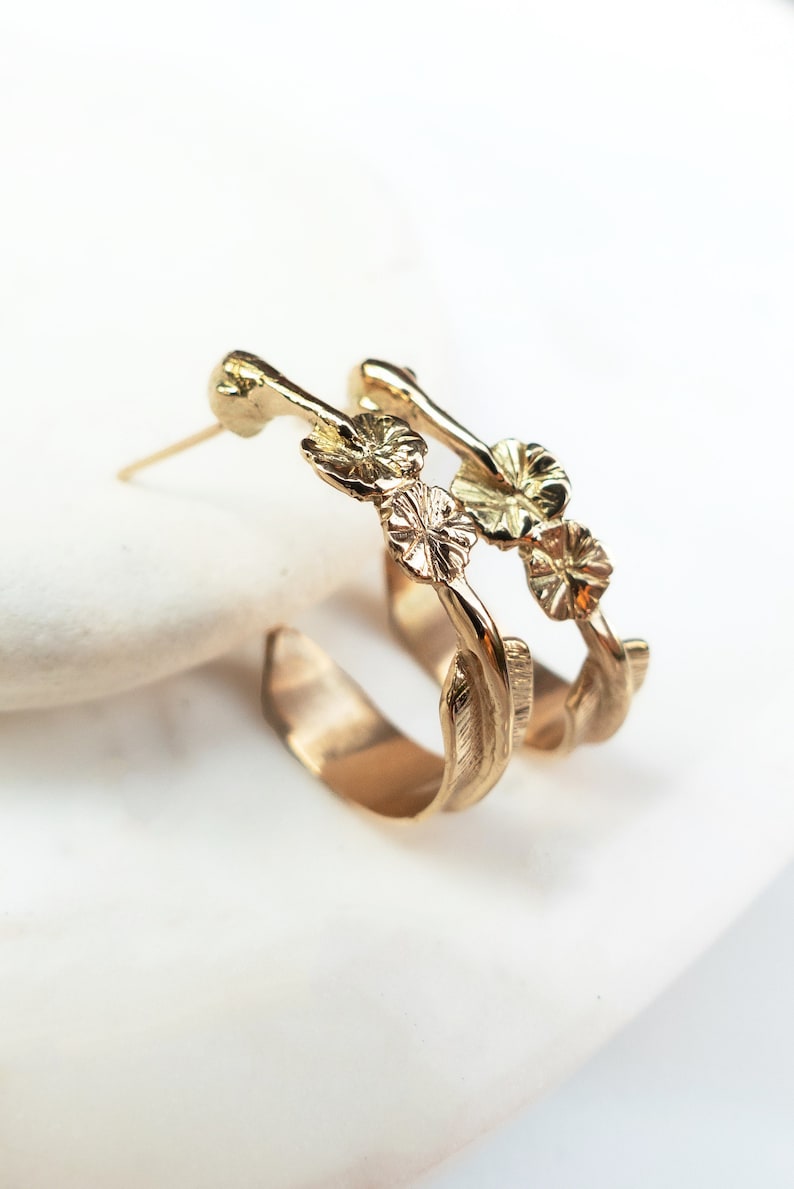 Flower Earrings in Solid Gold with Hummingbird Hoop Design image 1