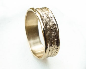 Ocean Inspired Wedding Ring, Rustic Mens Wedding Band, Nature Inspired Wedding Rings, Men’s 14k Yellow Gold Ring, Masculine