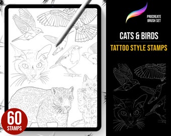 60 Procreate pennelli per timbri neo-tradizionali, tigri, gatti, stencil per tatuaggi di uccelli, neotradizionali, realismo