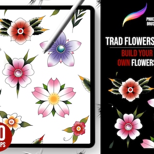 Procreate Tattoo Style Traditional Oldschool Flowers, Tattoo Flowers, Tattoo Stamps, Flower Brushes, tattoo