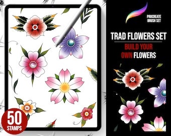 Fleurs traditionnelles à l'ancienne, Tatouages de fleurs, Tampons Pour Tatouage, Pinceaux À Fleurs, Tatouage