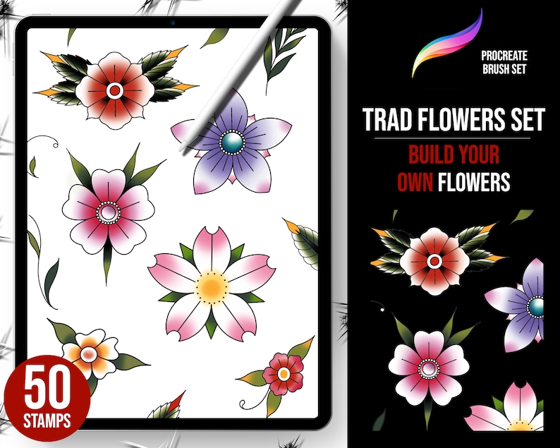Procreate Tattoo Flower Brushes: 50 Oldschool-stämplar (digital nedladdning) bild 1