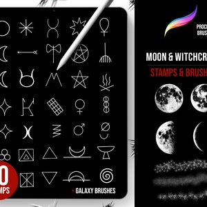 May include: A set of 70 black and white moon and witchcraft stamps and brushes for Procreate. The stamps include symbols like moons, stars, and pentagrams. The brushes include galaxy brushes and moon phases.